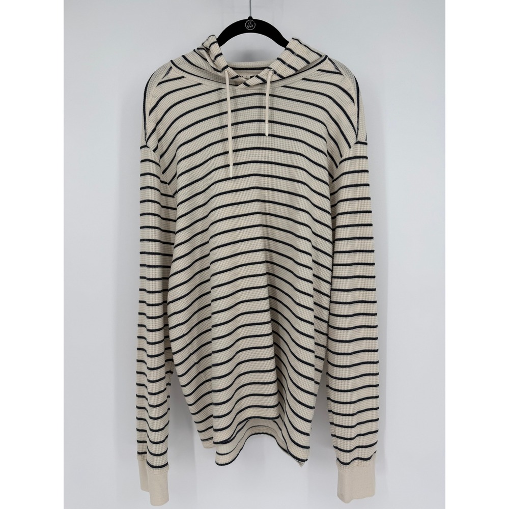 Toad&Co Mens L Waffle Knit Striped Hoodie Cream Blue Thermal Pullover 0367